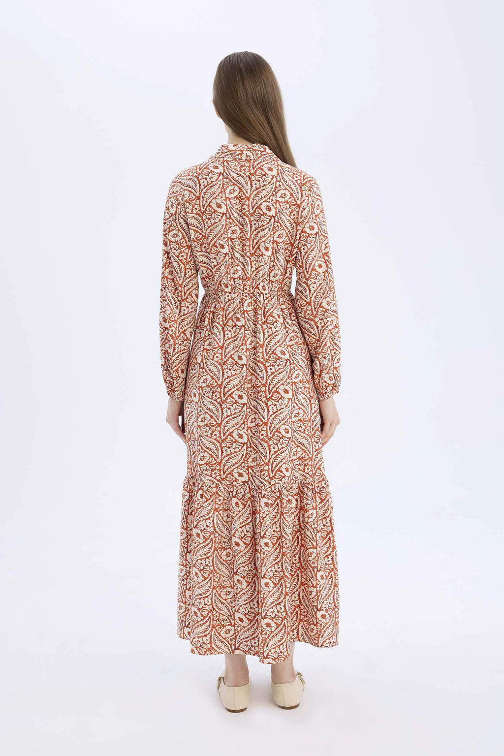 Shirt Collar Patterned Long Sleeve Maxi Dress