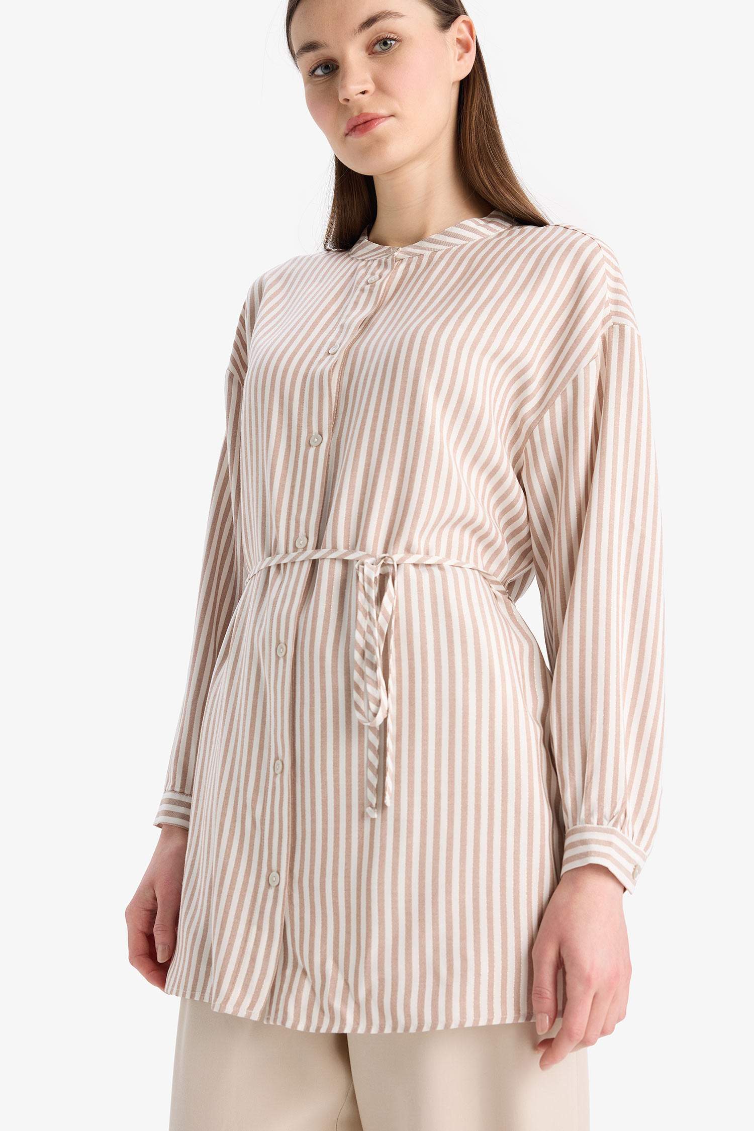Relax Fit Striped Long Sleeve Lace-Up Shirt Tunic