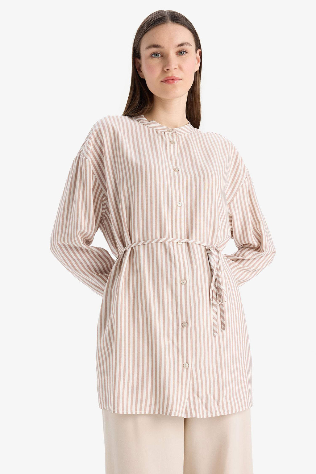 Relax Fit Striped Long Sleeve Lace-Up Shirt Tunic