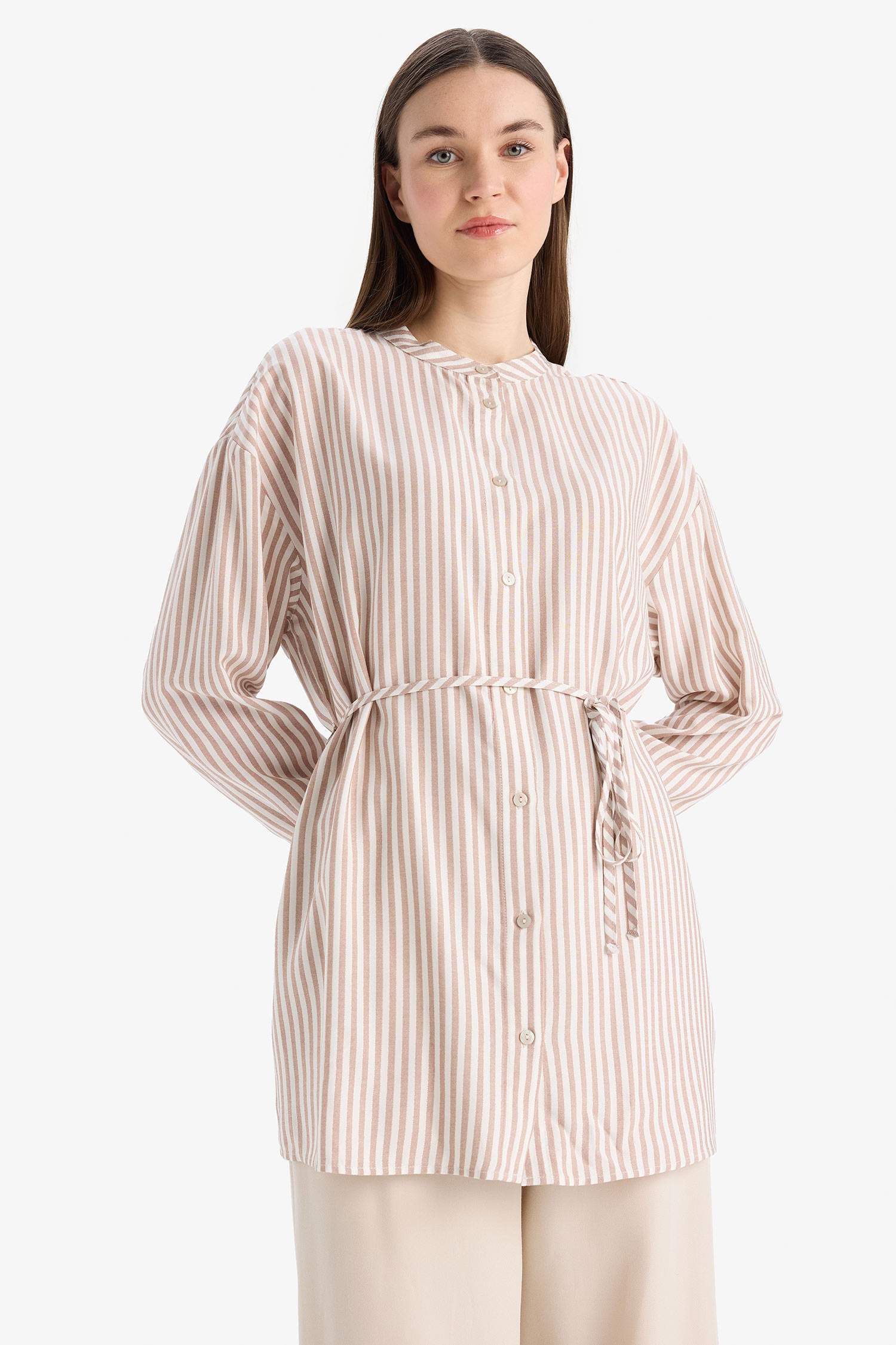 Relax Fit Striped Long Sleeve Lace-Up Shirt Tunic
