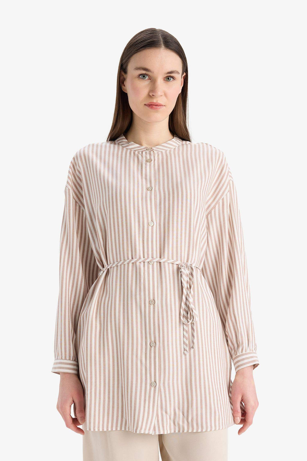 Relax Fit Striped Long Sleeve Lace-Up Shirt Tunic