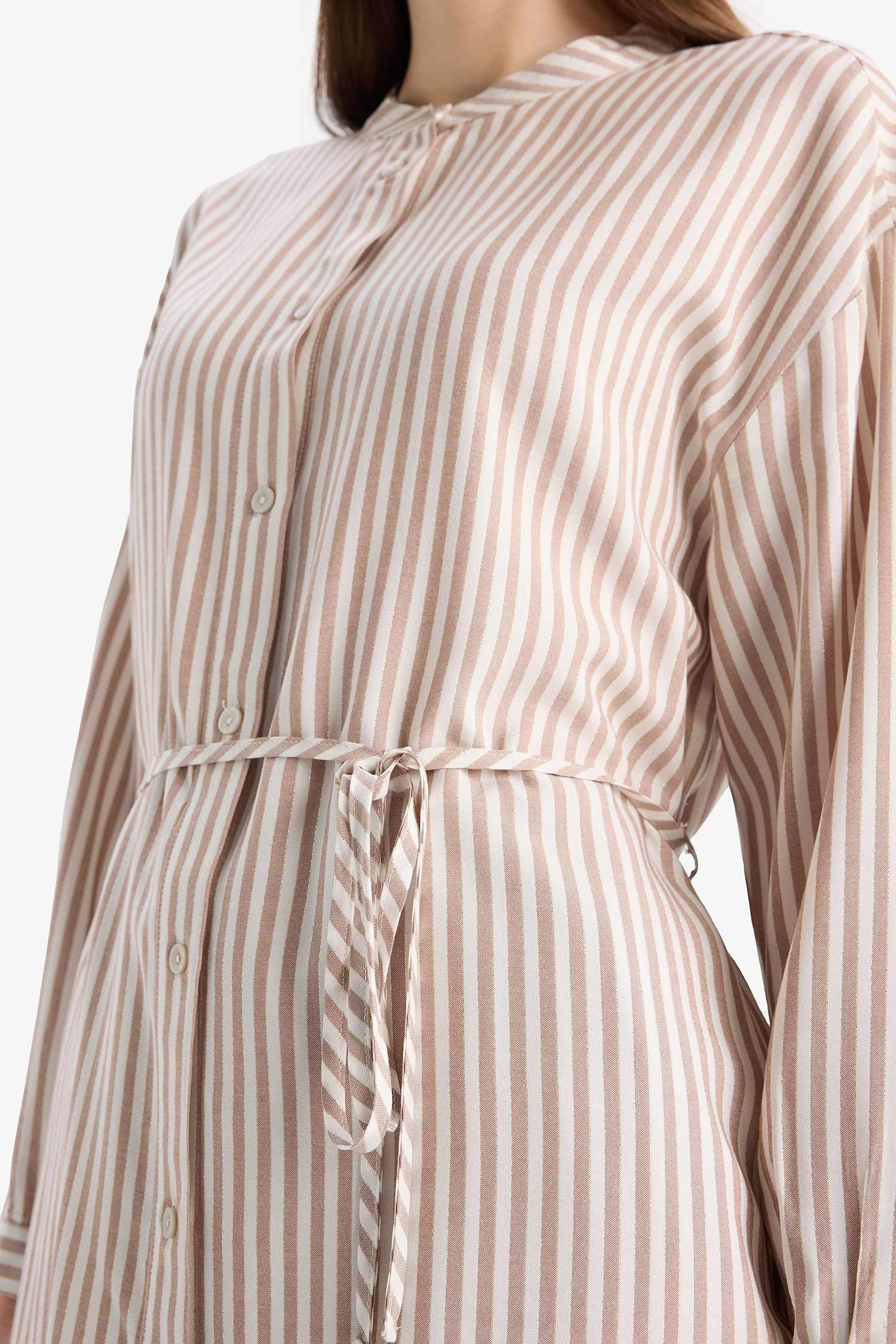 Relax Fit Striped Long Sleeve Lace-Up Shirt Tunic