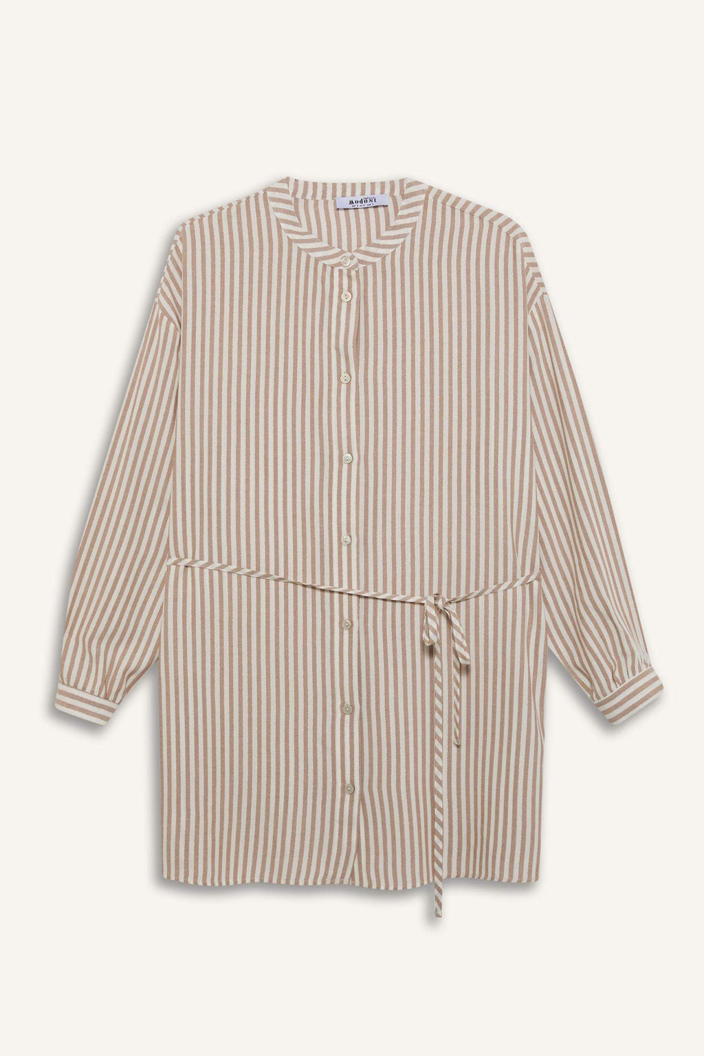 Relax Fit Striped Long Sleeve Lace-Up Shirt Tunic