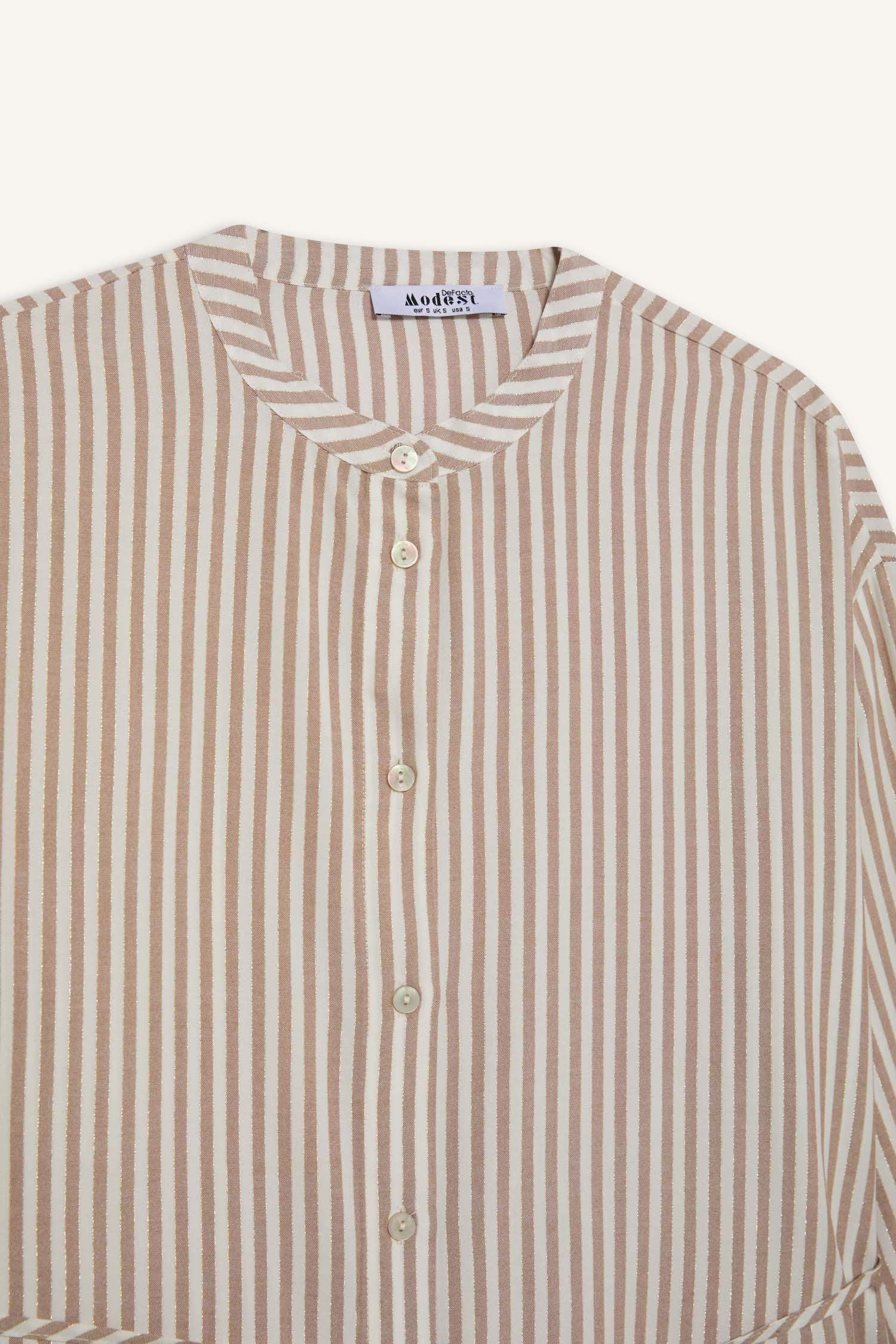 Relax Fit Striped Long Sleeve Lace-Up Shirt Tunic