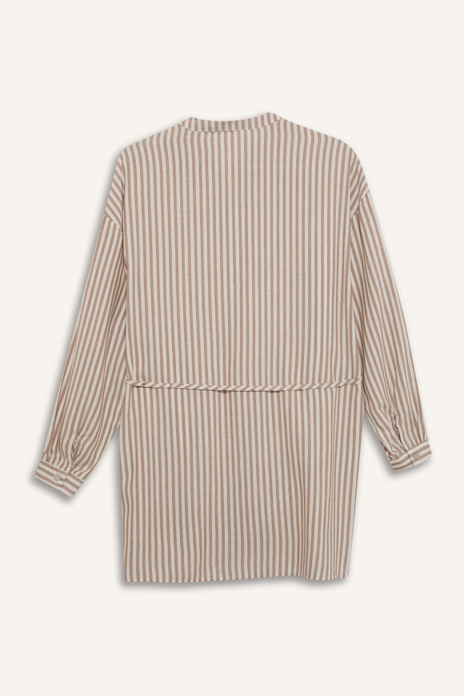 Relax Fit Striped Long Sleeve Lace-Up Shirt Tunic