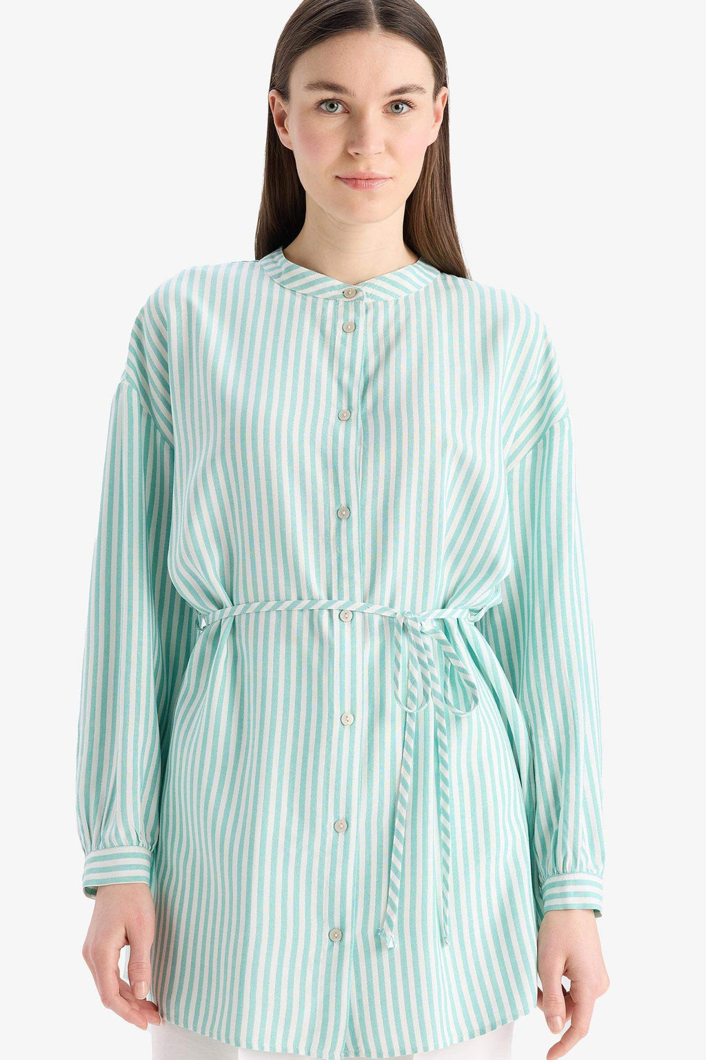 Relax Fit Striped Long Sleeve Lace-Up Shirt Tunic