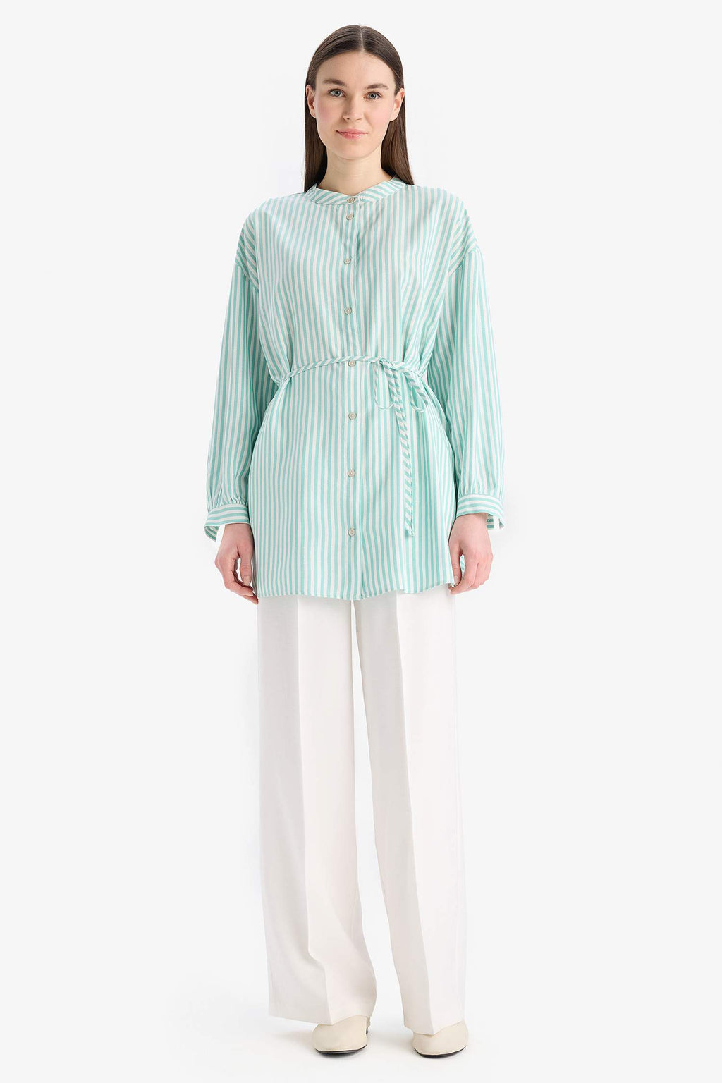 Relax Fit Striped Long Sleeve Lace-Up Shirt Tunic