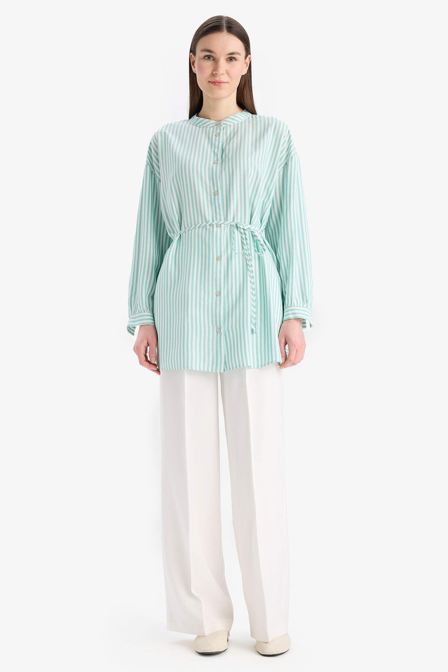 Relax Fit Striped Long Sleeve Lace-Up Shirt Tunic