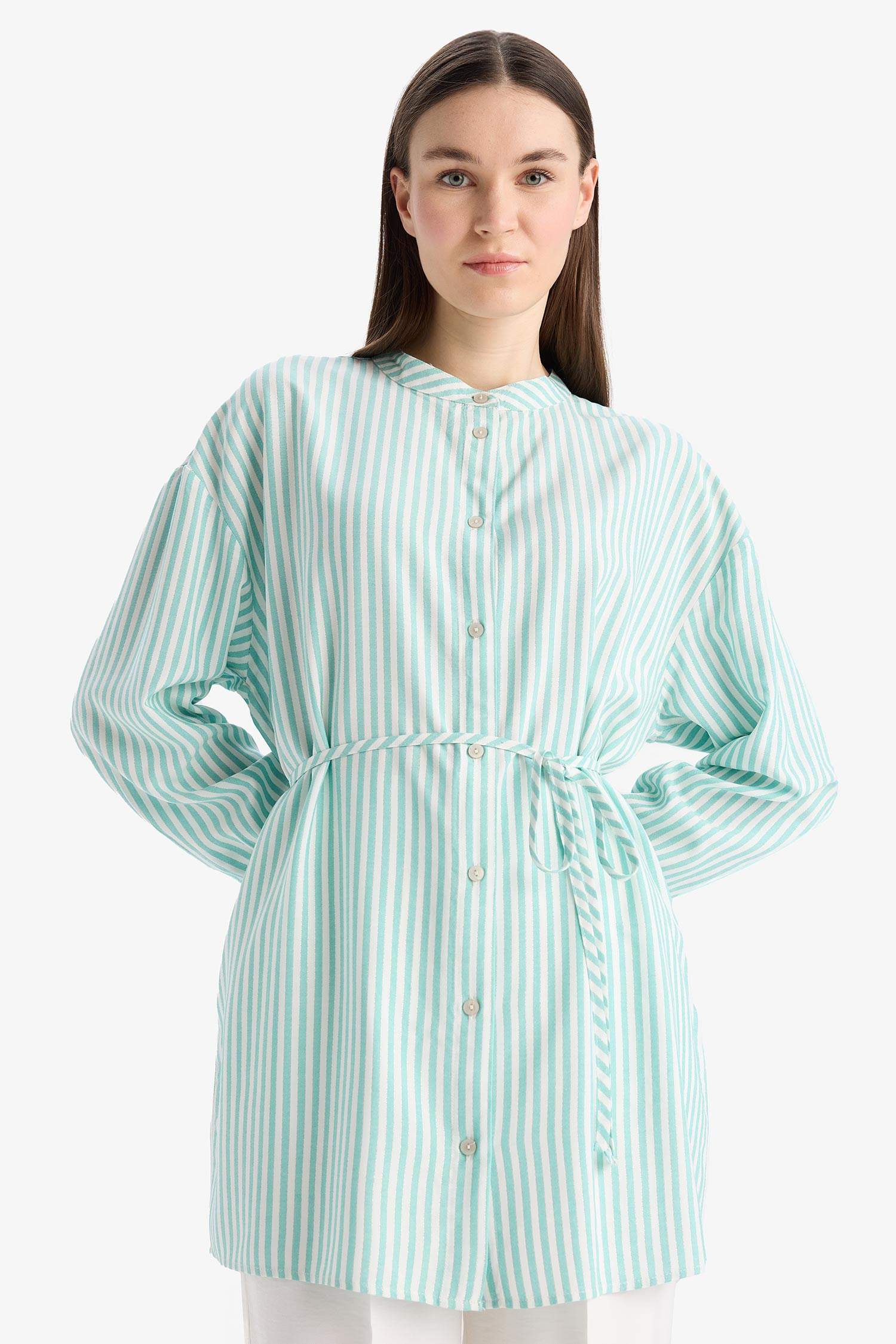 Relax Fit Striped Long Sleeve Lace-Up Shirt Tunic