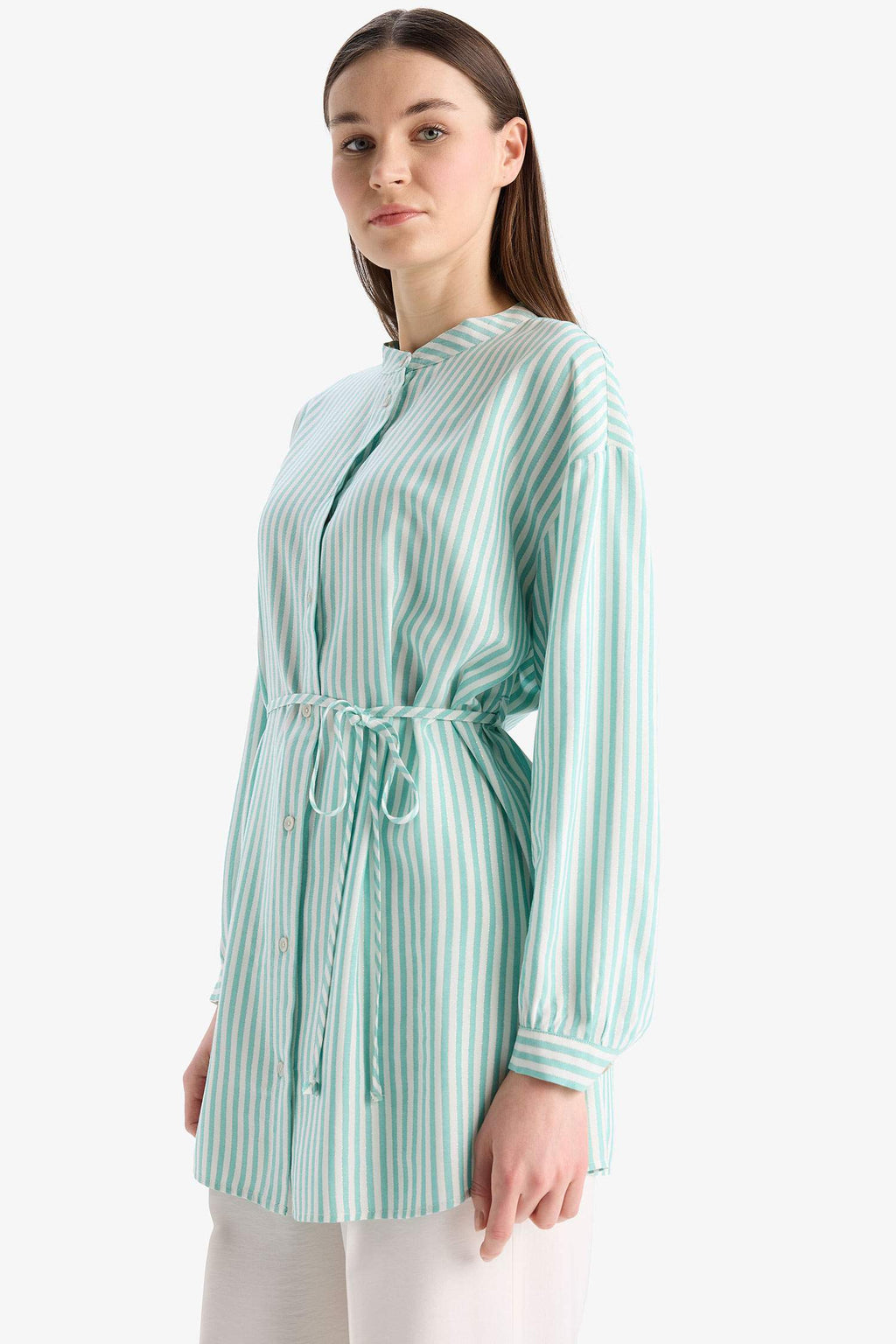 Relax Fit Striped Long Sleeve Lace-Up Shirt Tunic