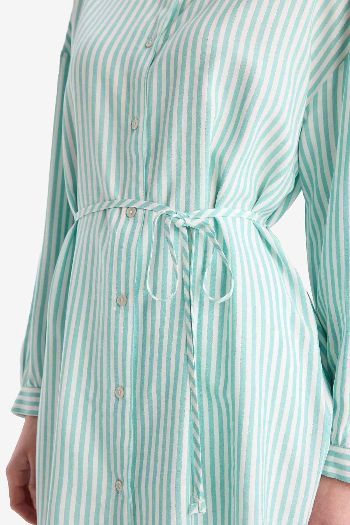 Relax Fit Striped Long Sleeve Lace-Up Shirt Tunic