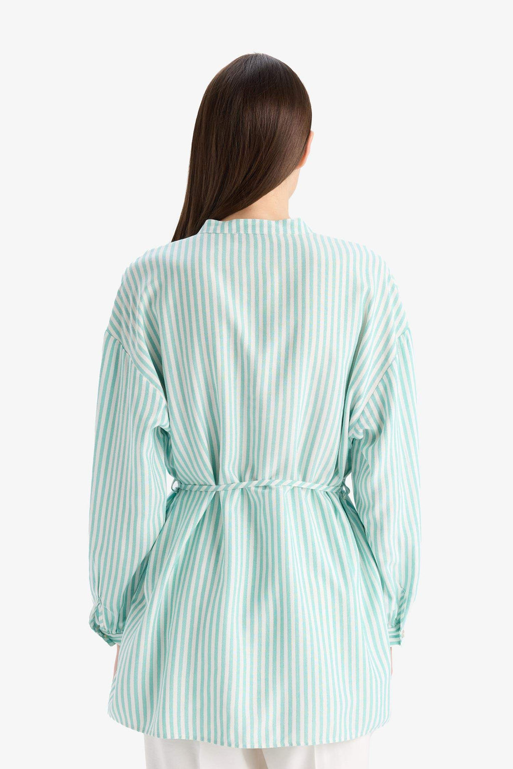 Relax Fit Striped Long Sleeve Lace-Up Shirt Tunic