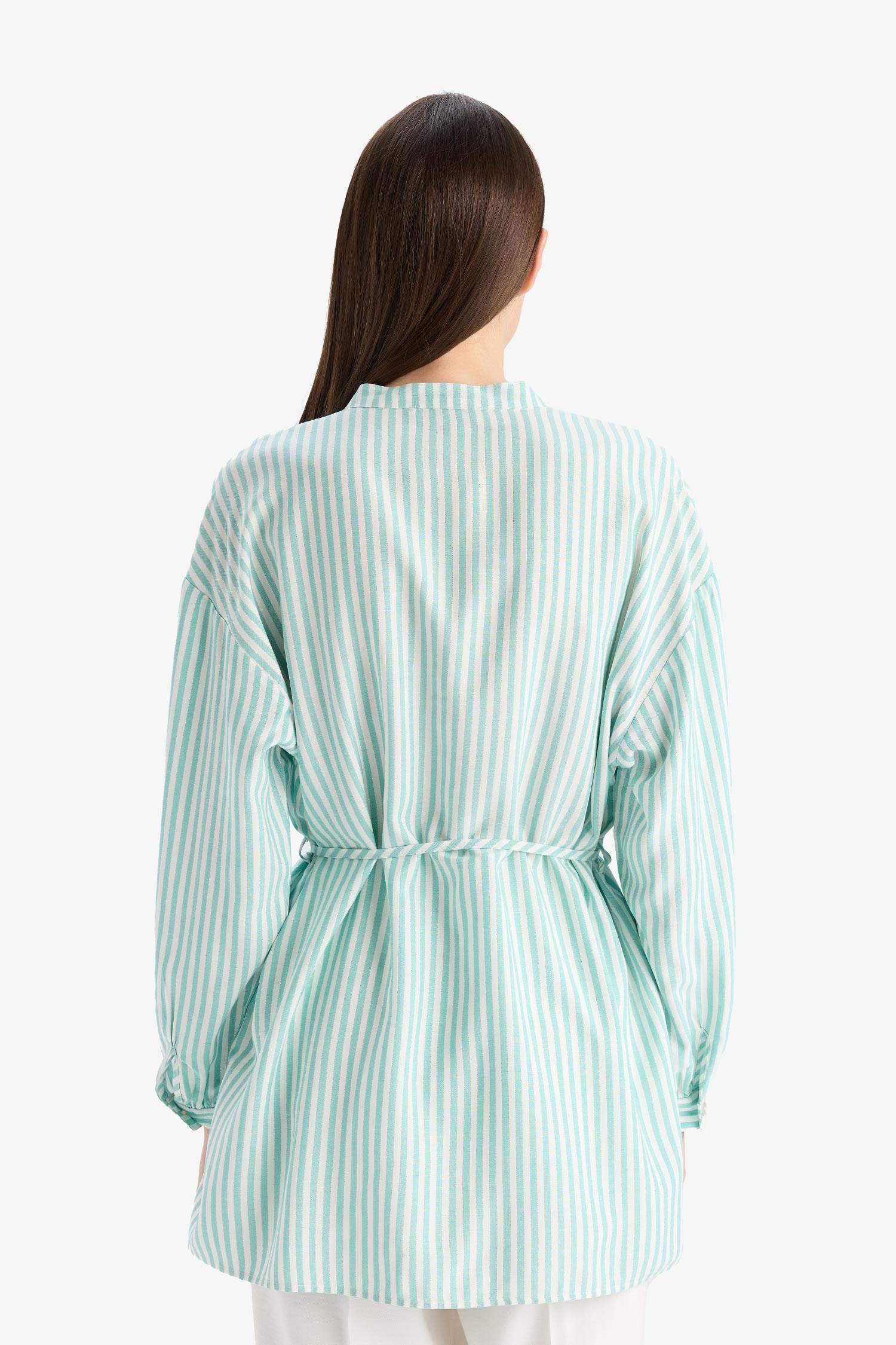 Relax Fit Striped Long Sleeve Lace-Up Shirt Tunic