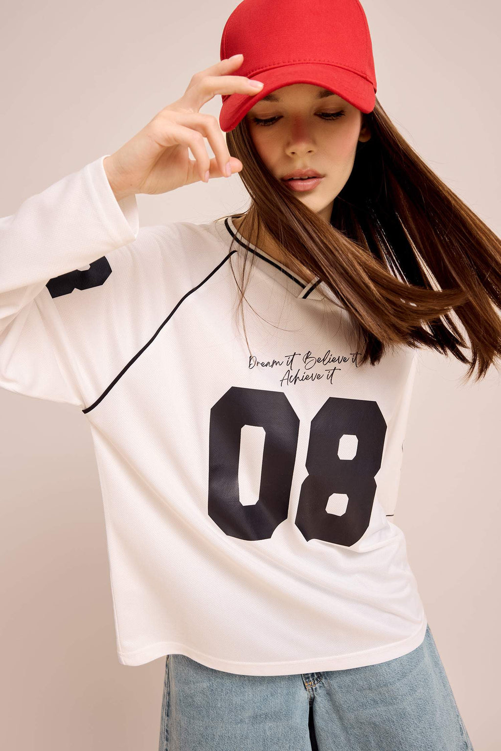 Oversize Wide Fit V-Neck Printed Jersey Fabric Long Sleeve T-Shirt
