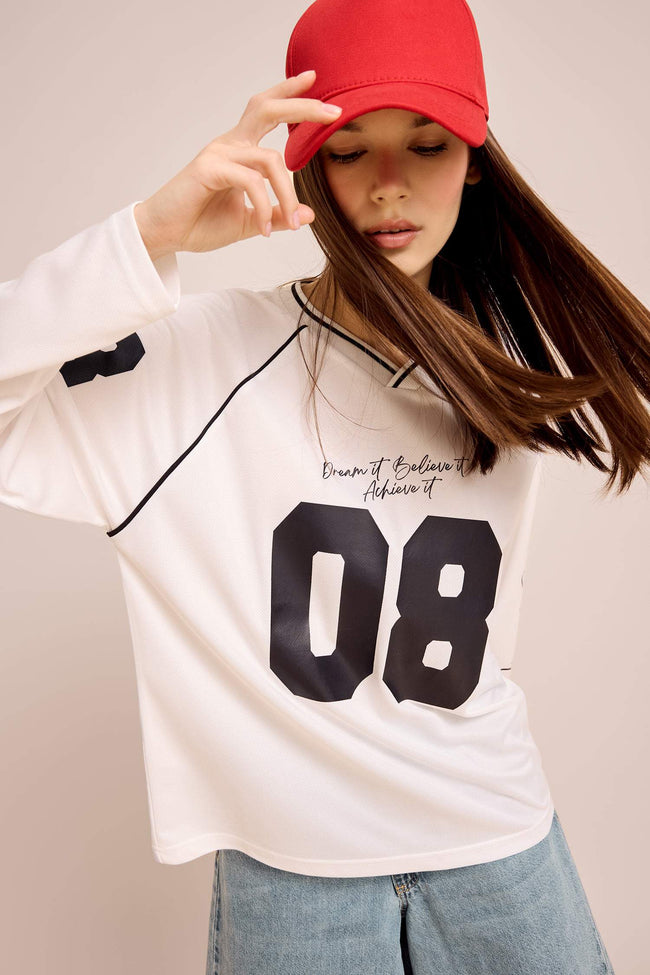 Oversize Wide Fit V-Neck Printed Jersey Fabric Long Sleeve T-Shirt Hover Image