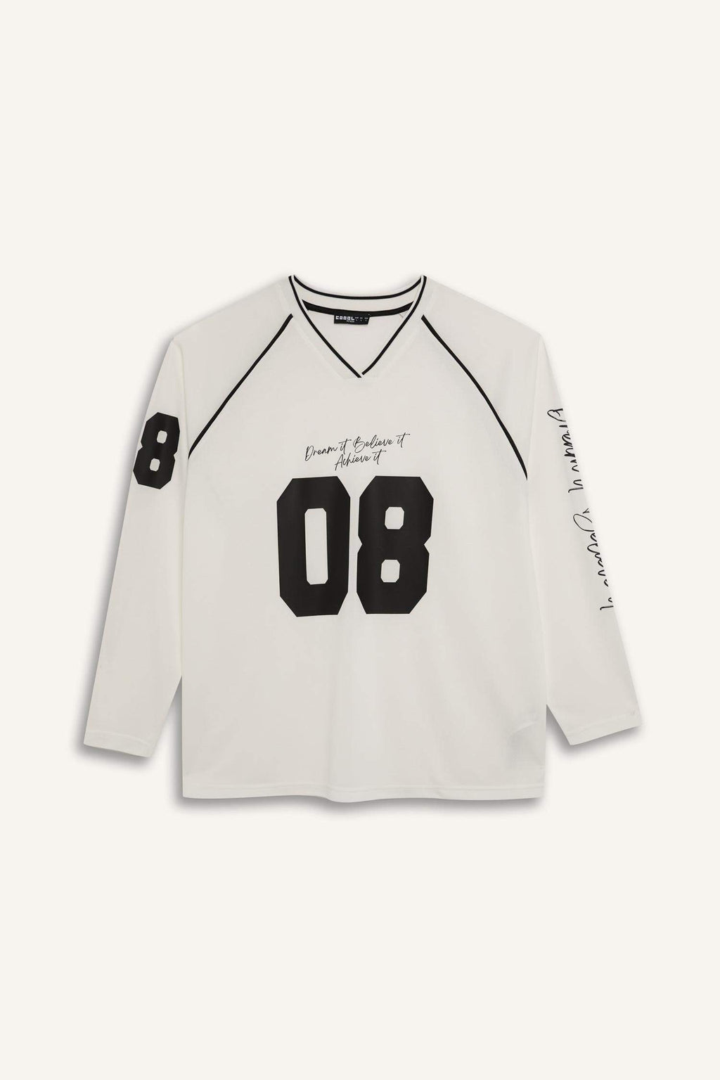 Oversize Wide Fit V-Neck Printed Jersey Fabric Long Sleeve T-Shirt