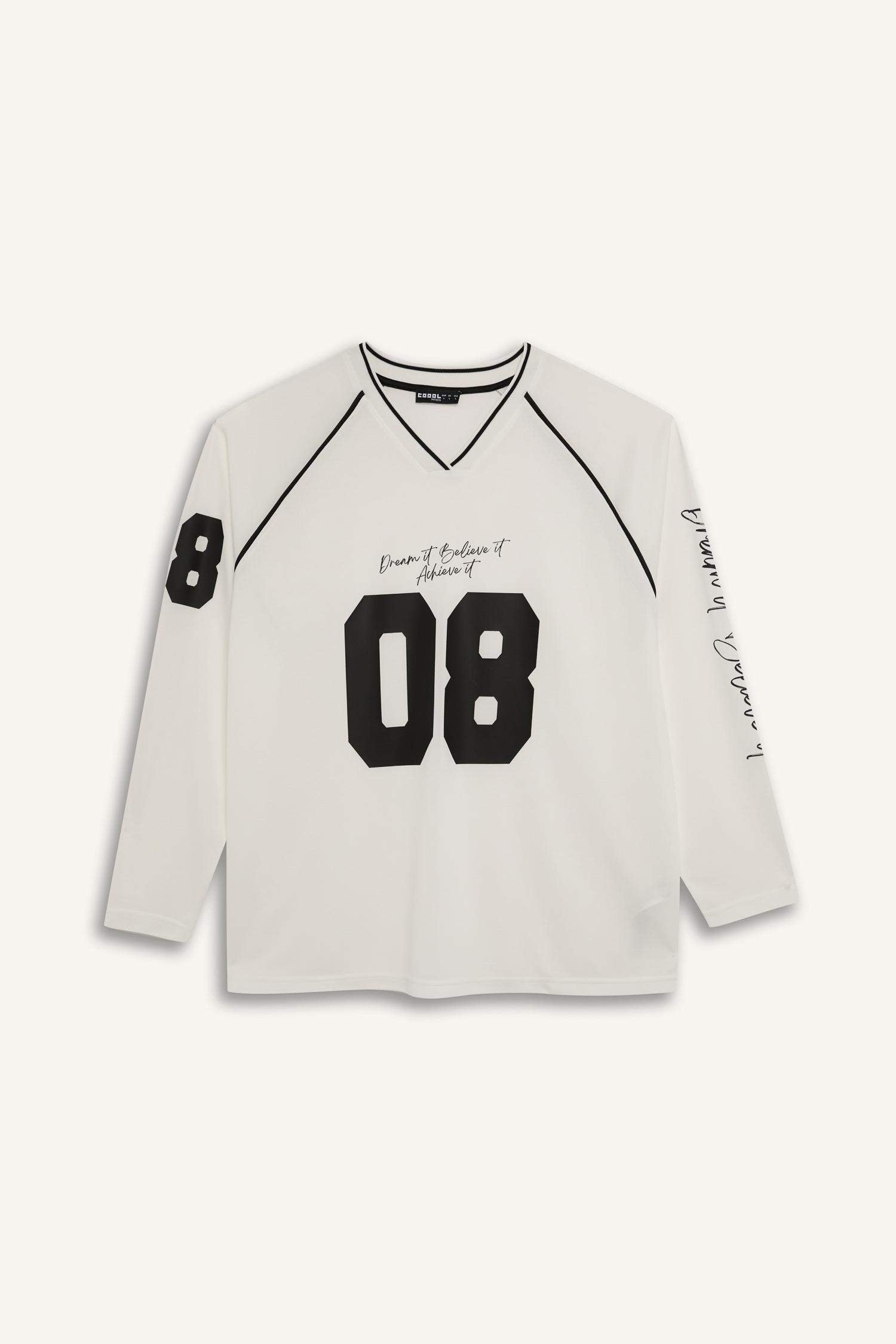 Oversize Wide Fit V-Neck Printed Jersey Fabric Long Sleeve T-Shirt