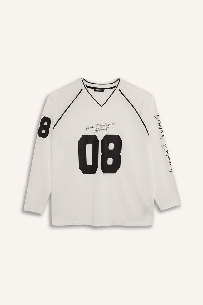 Oversize Wide Fit V-Neck Printed Jersey Fabric Long Sleeve T-Shirt Main Image