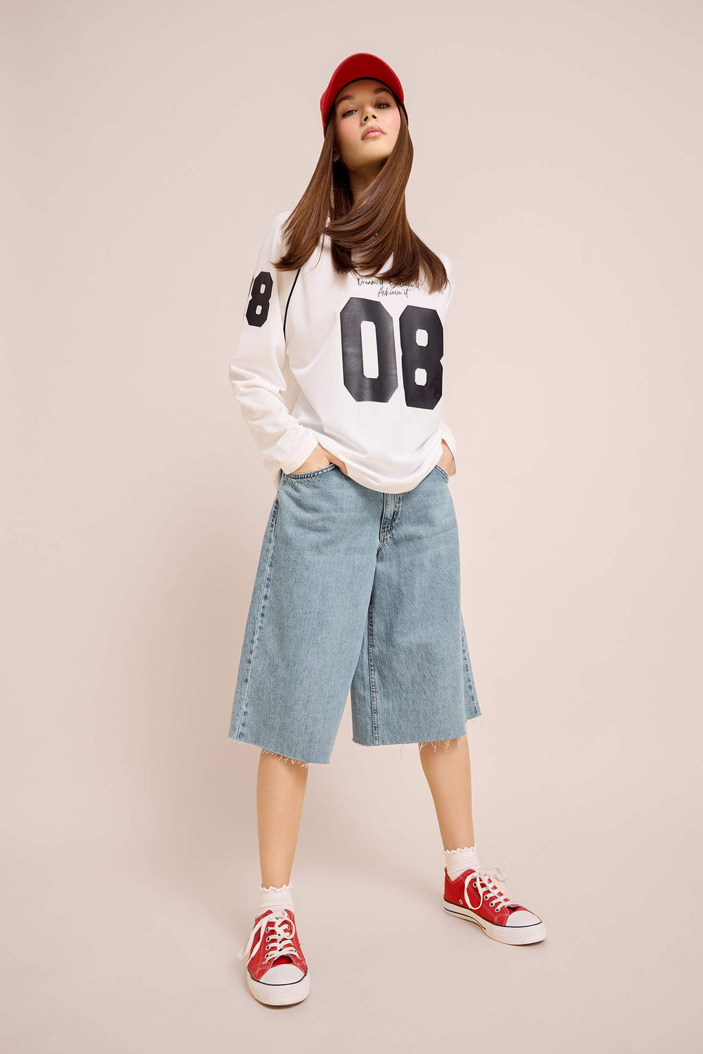 Oversize Wide Fit V-Neck Printed Jersey Fabric Long Sleeve T-Shirt