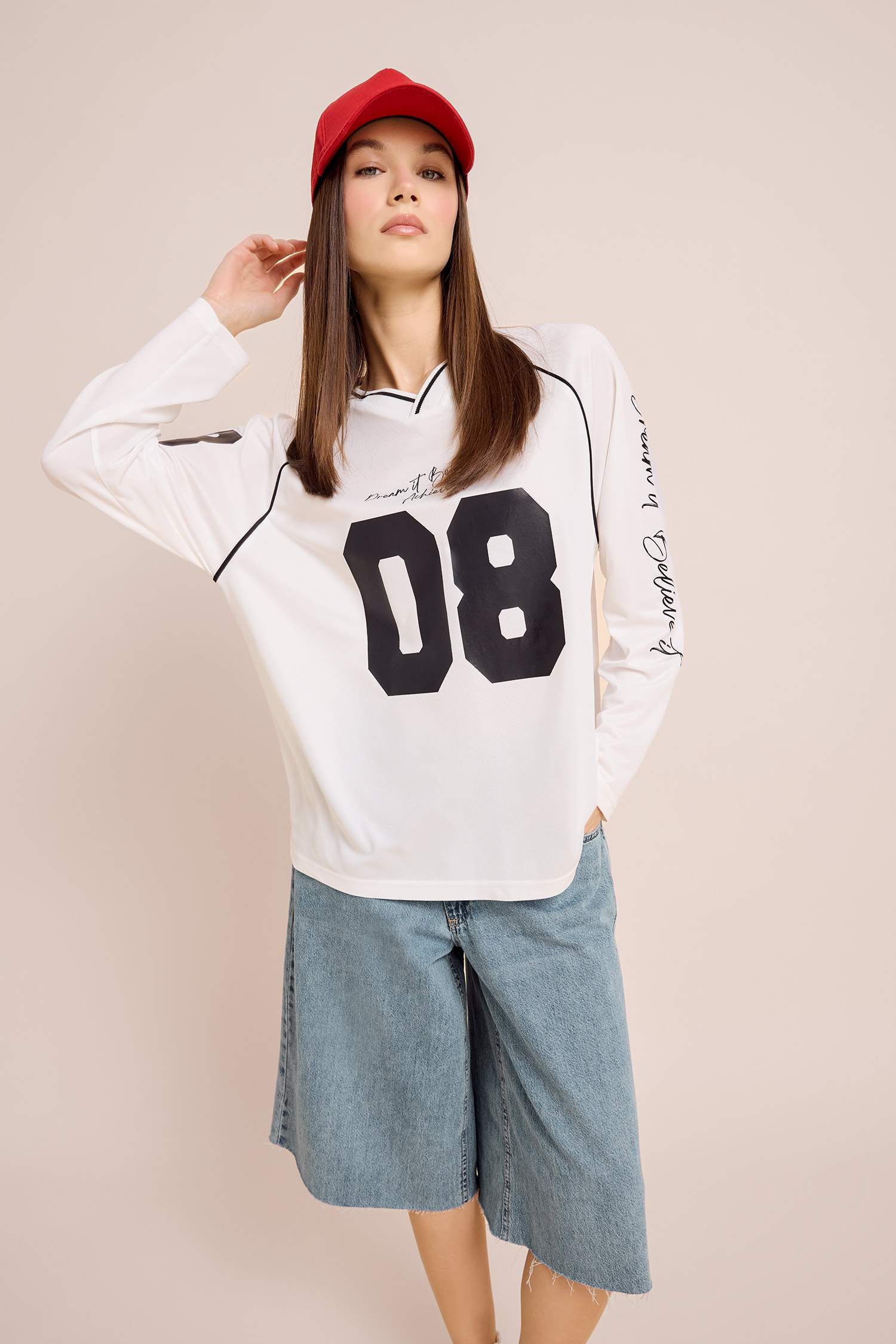 Oversize Wide Fit V-Neck Printed Jersey Fabric Long Sleeve T-Shirt