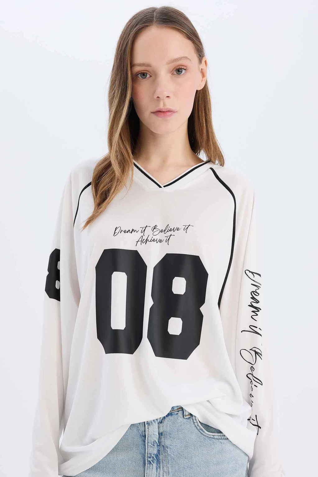 Oversize Wide Fit V-Neck Printed Jersey Fabric Long Sleeve T-Shirt
