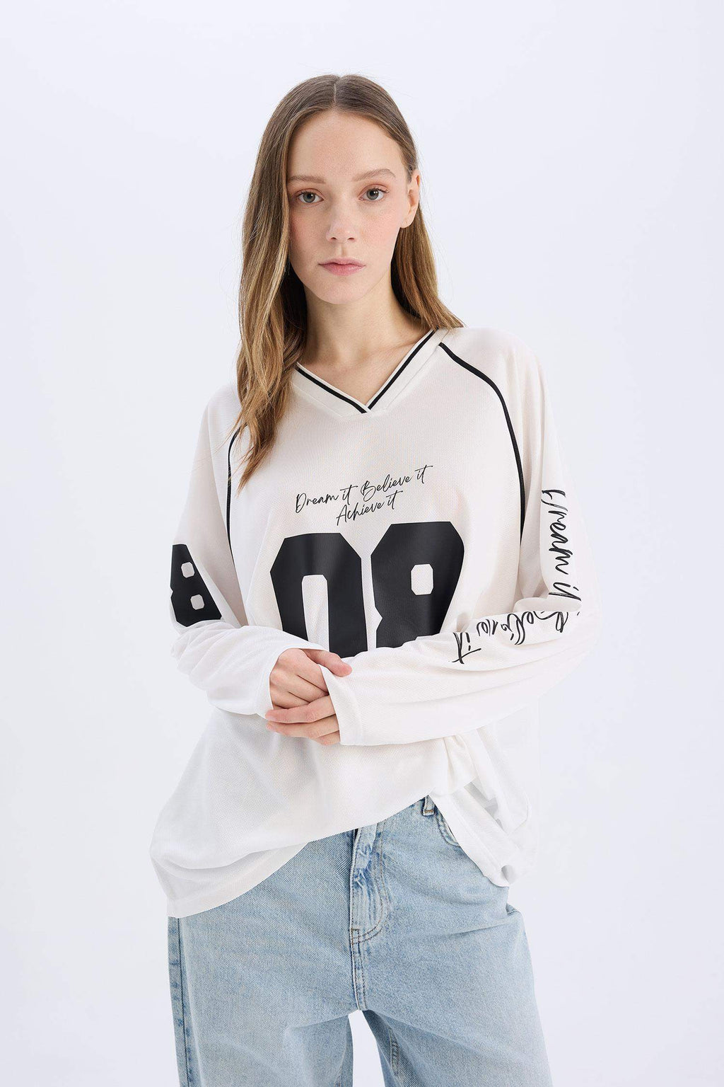 Oversize Wide Fit V-Neck Printed Jersey Fabric Long Sleeve T-Shirt