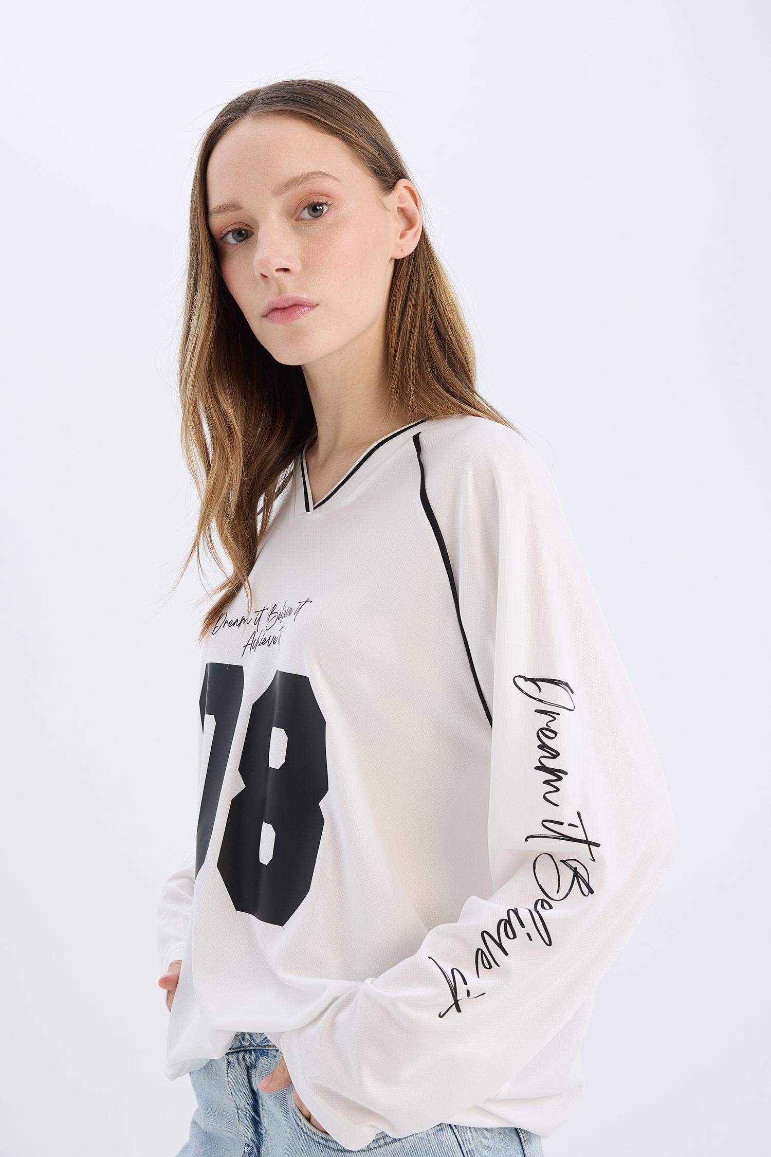 Oversize Wide Fit V-Neck Printed Jersey Fabric Long Sleeve T-Shirt