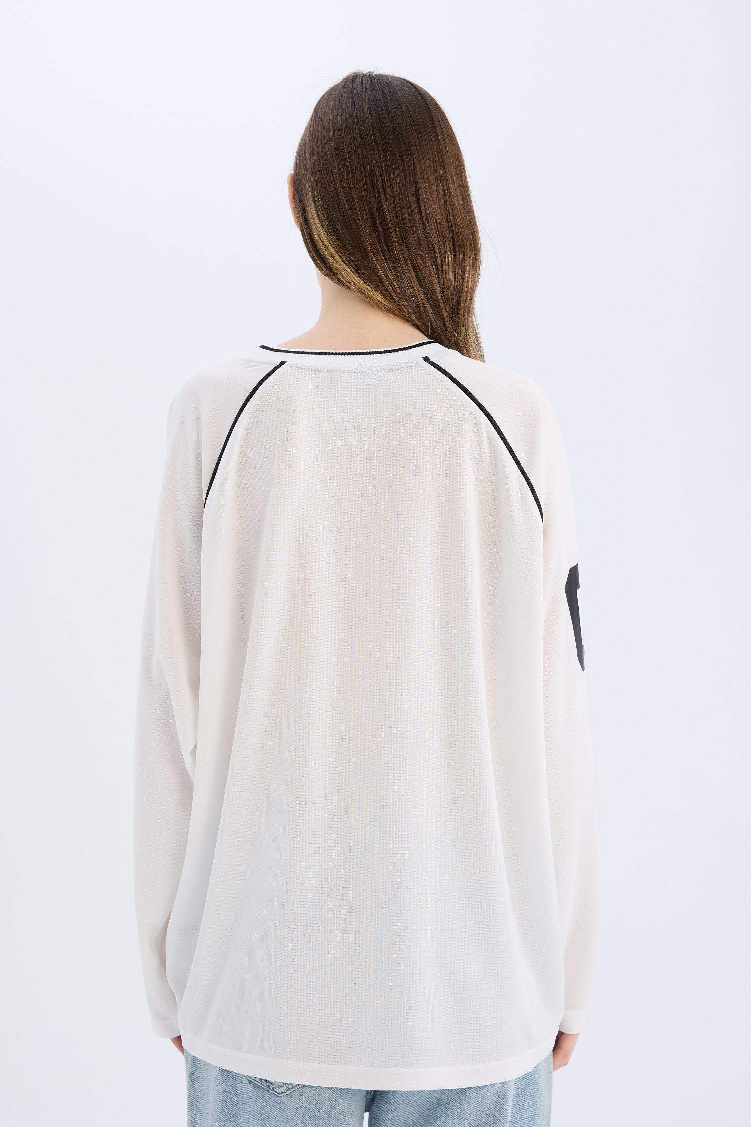 Oversize Wide Fit V-Neck Printed Jersey Fabric Long Sleeve T-Shirt