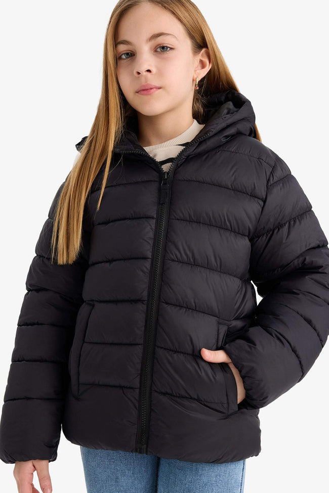 Girls Waterproof Hooded Zippered Puffer Coat Hover Image