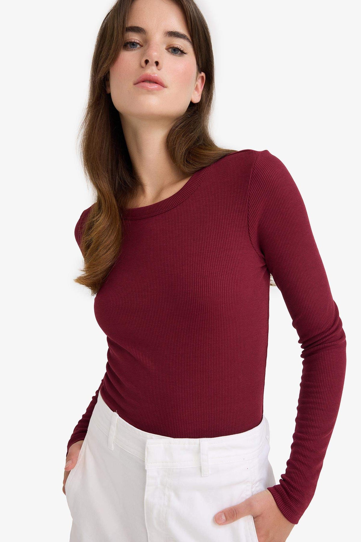 Slim Fit Slim Cut Basic Plain Ribbed Camisole Long Sleeve T-Shirt