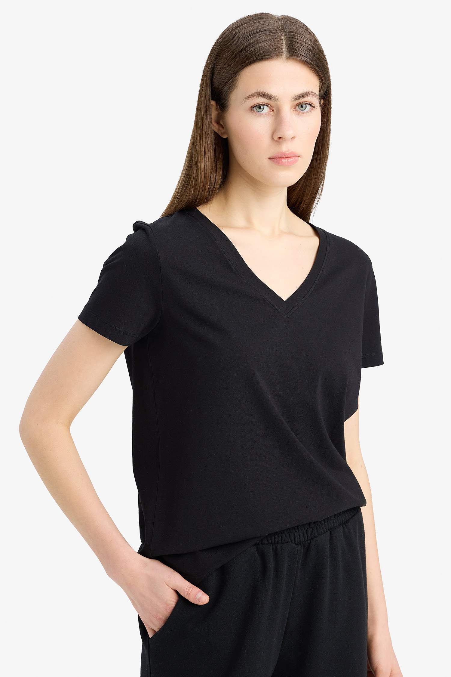 Regular Fit V Neck Basic Short Sleeve T-Shirt