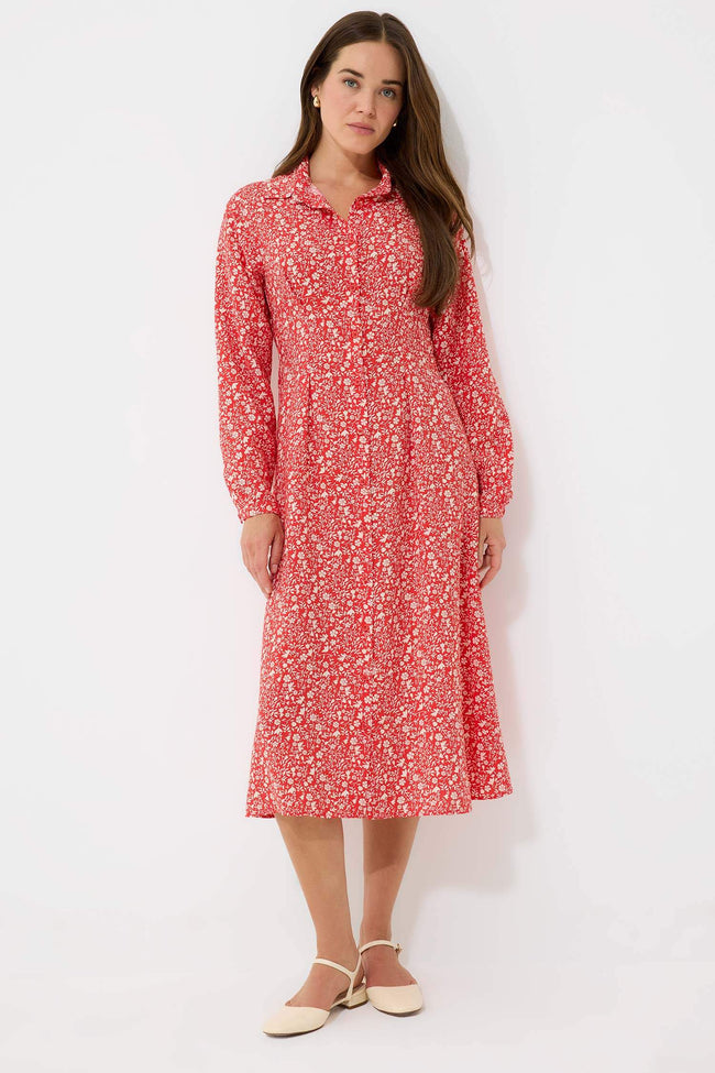 Shirt Collar Patterned Long Sleeve Midi Dress Hover Image