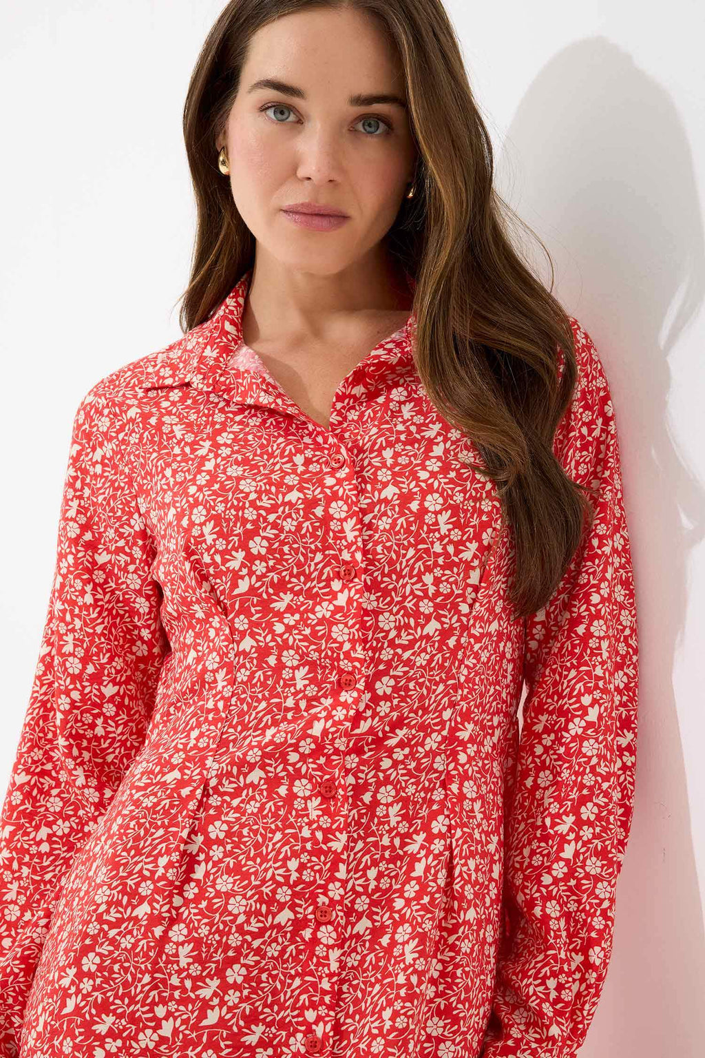 Shirt Collar Patterned Long Sleeve Midi Dress