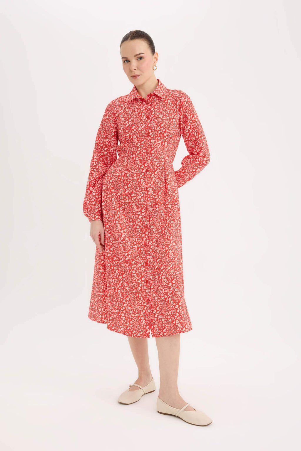 Shirt Collar Patterned Long Sleeve Midi Dress