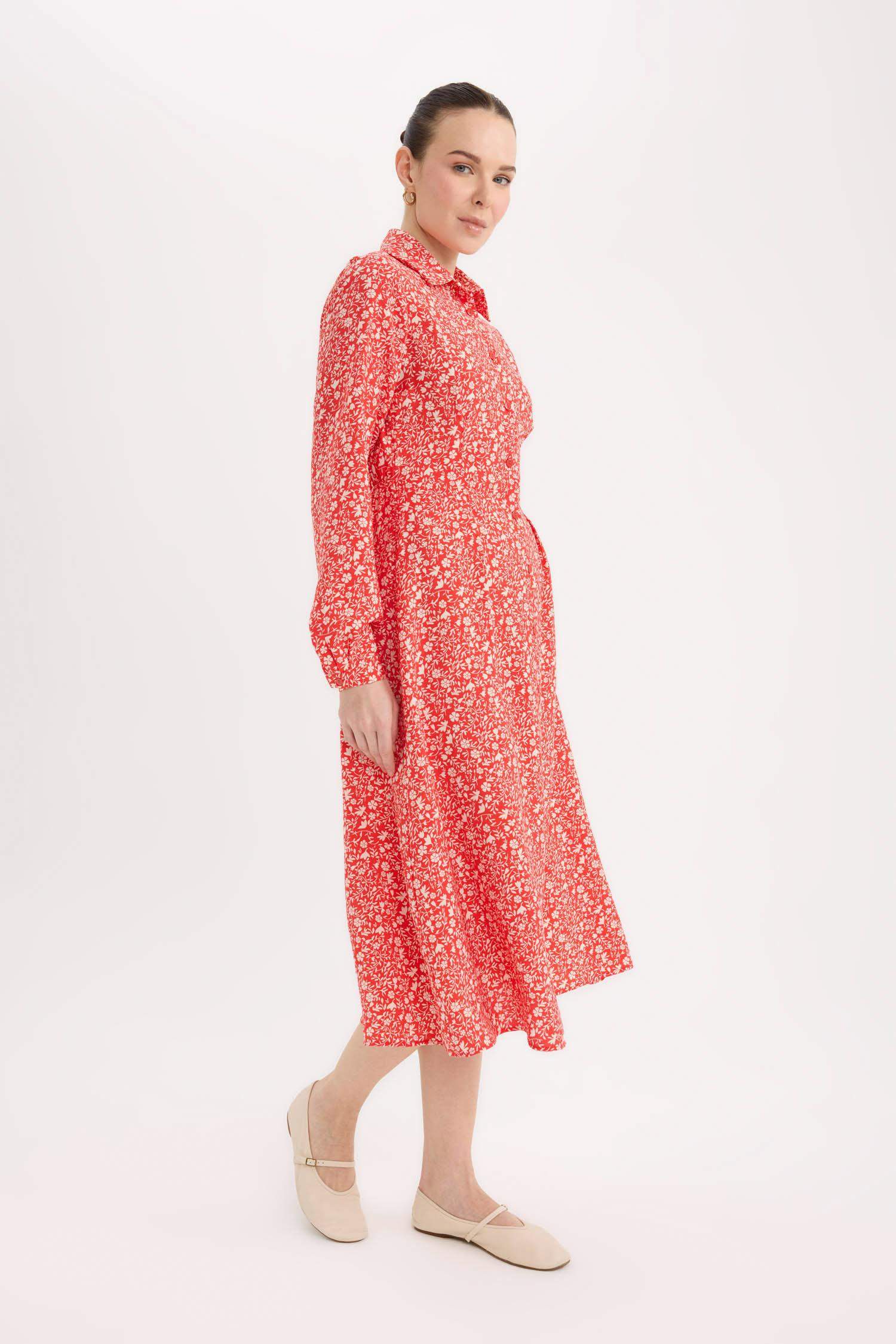 Shirt Collar Patterned Long Sleeve Midi Dress
