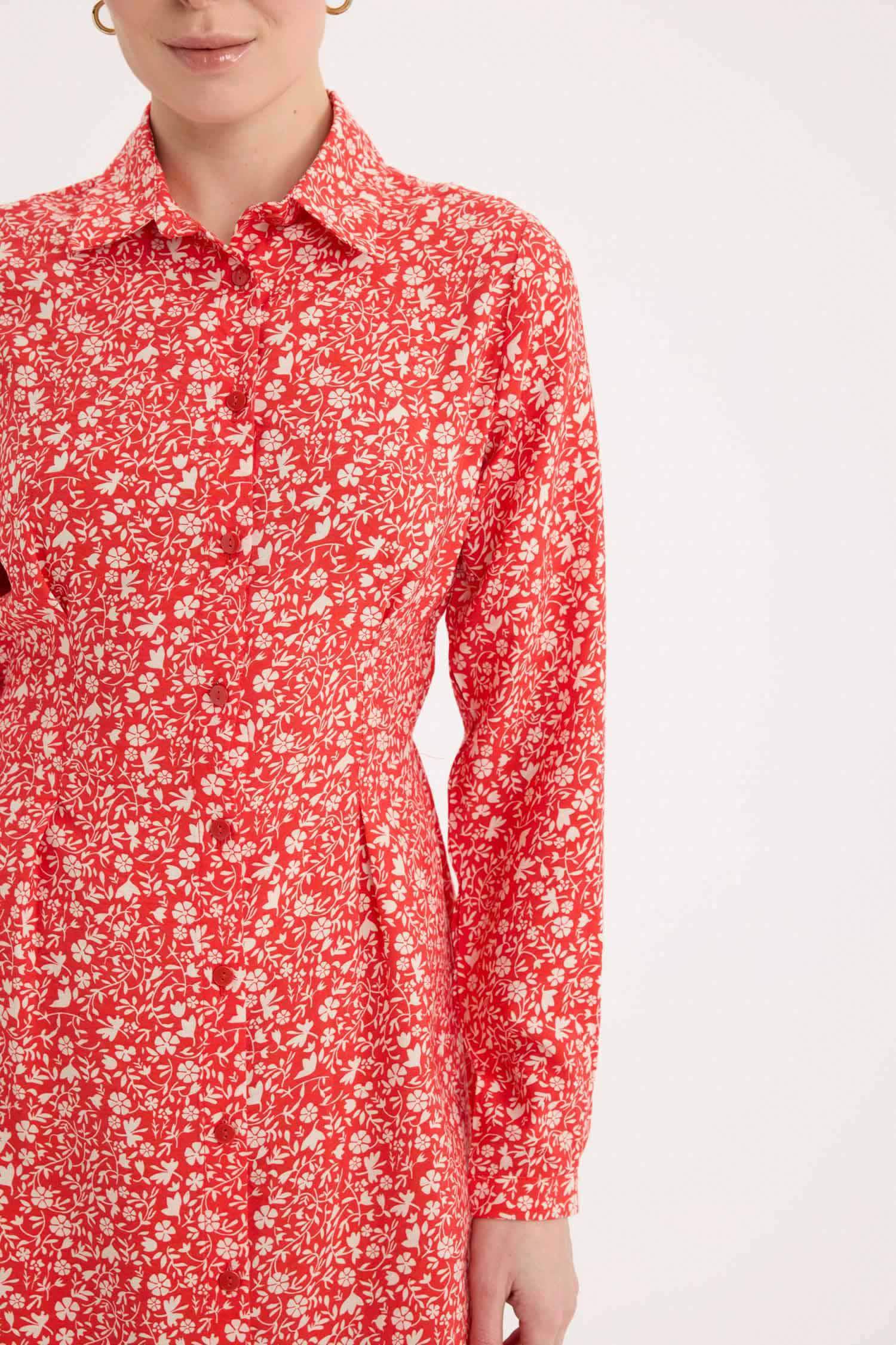 Shirt Collar Patterned Long Sleeve Midi Dress