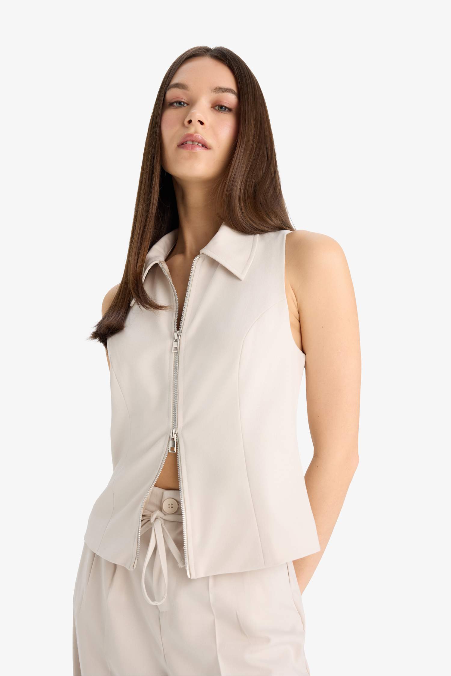 Polo Collar Zippered Woven Vest