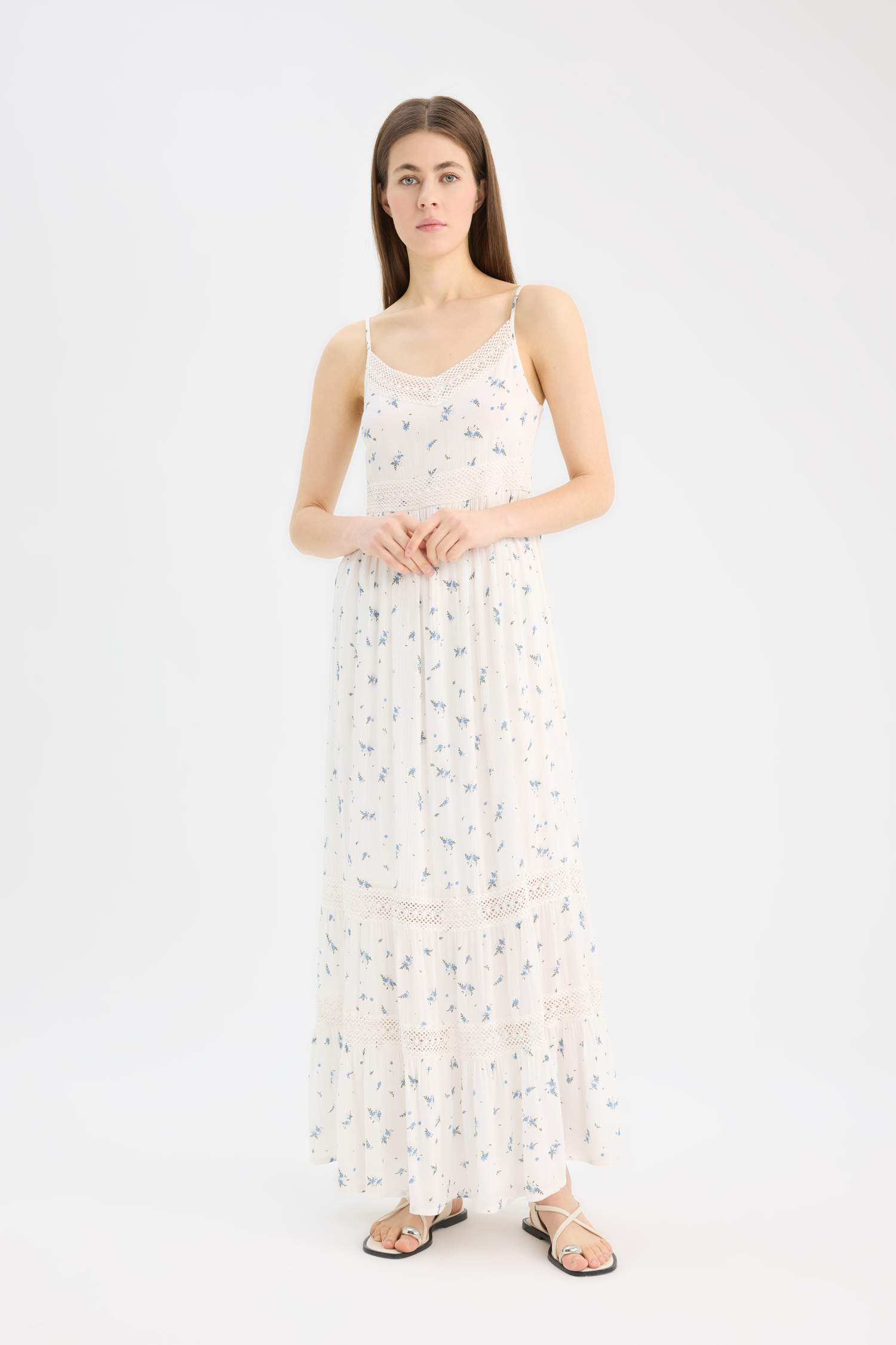 A-Line Lace V-Neck Floral Crinkle Fabric Strappy Maxi Dress