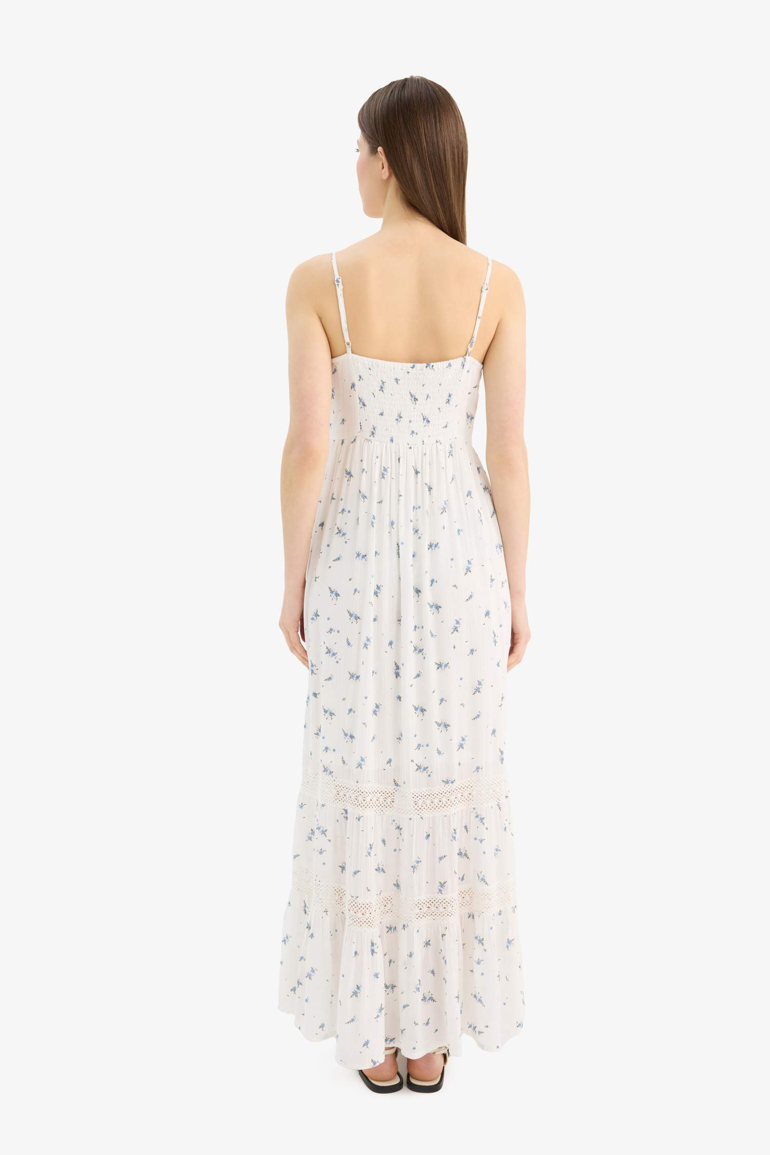 A-Line Lace V-Neck Floral Crinkle Fabric Strappy Maxi Dress