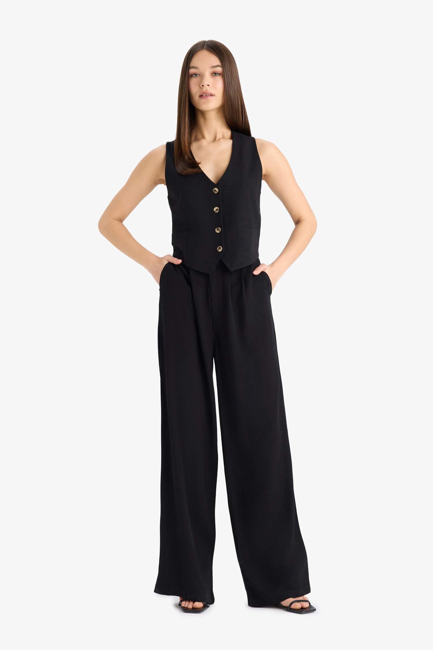 Normal Waist Standard Size Wide Leg Linen Blended Palazzo Pants With Wide Leg Zipper