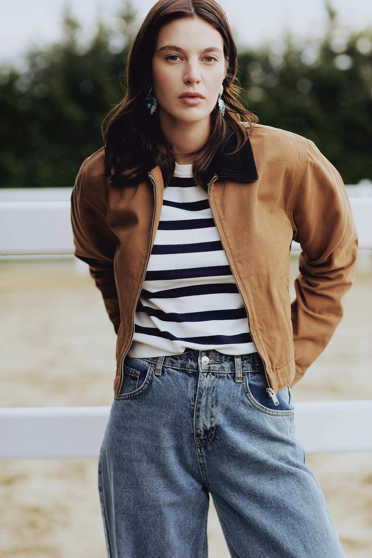 Regular Fit Contrast Collar Zippered Pocket Cotton Jacket Coat