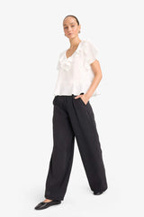 Carrot Fit Double Pocket High Waist Wide Leg Modal Trousers