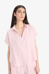 Regular Fit Shirt Collar Short Sleeve Blouse