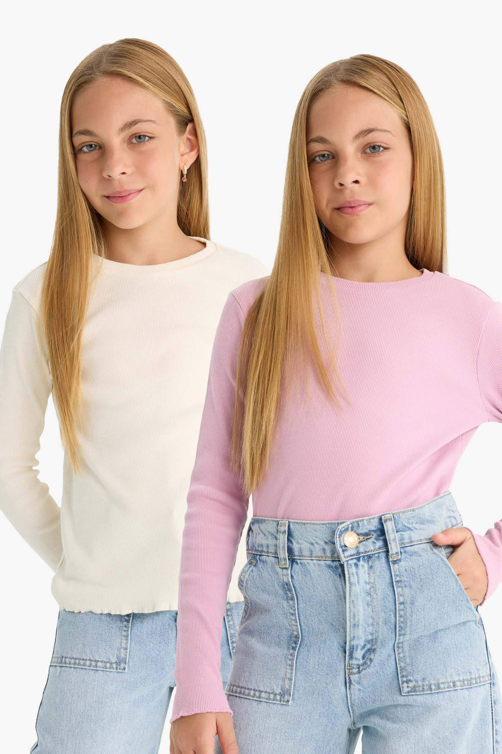 Girls Back to School Slim Fit Slim Cut Crew Neck Ribbed Camisole 2-Pack Long Sleeve T-Shirt