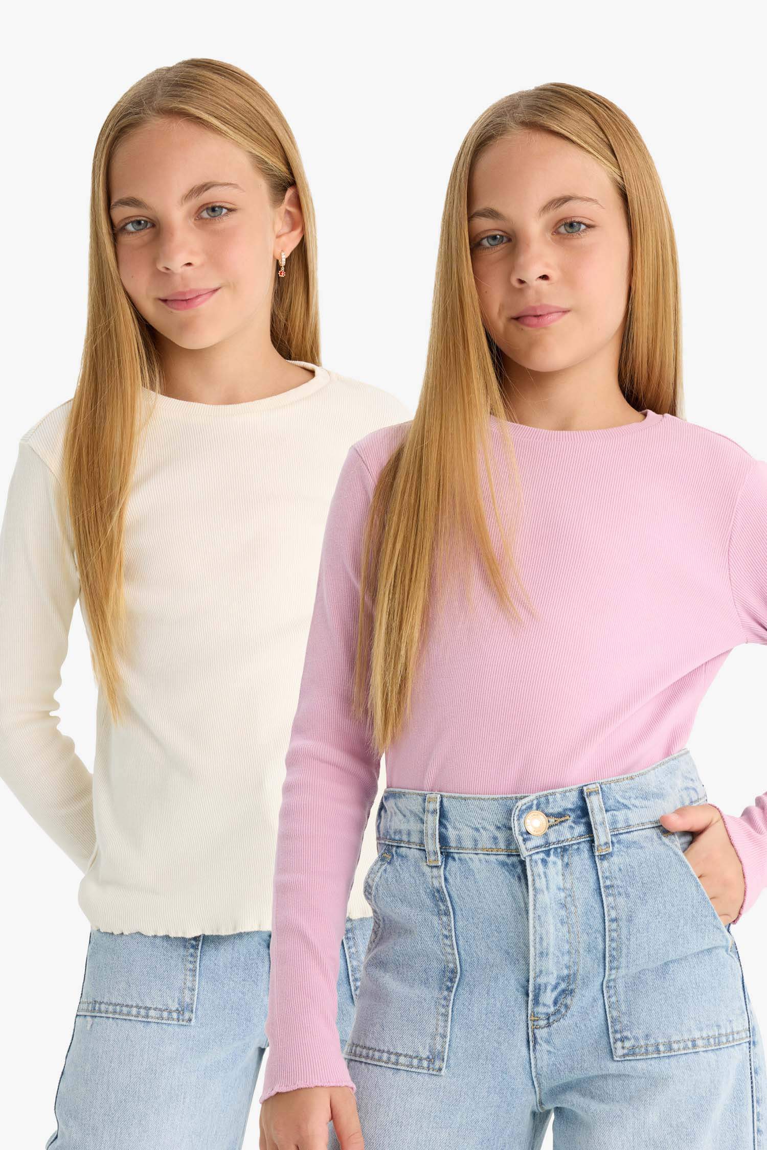 Girls Back to School Slim Fit Slim Cut Crew Neck Ribbed Camisole 2-Pack Long Sleeve T-Shirt