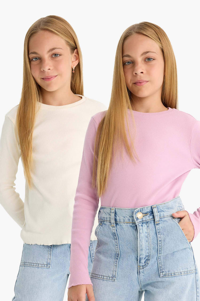 Girls Back to School Slim Fit Slim Cut Crew Neck Ribbed Camisole 2-Pack Long Sleeve T-Shirt Hover Image