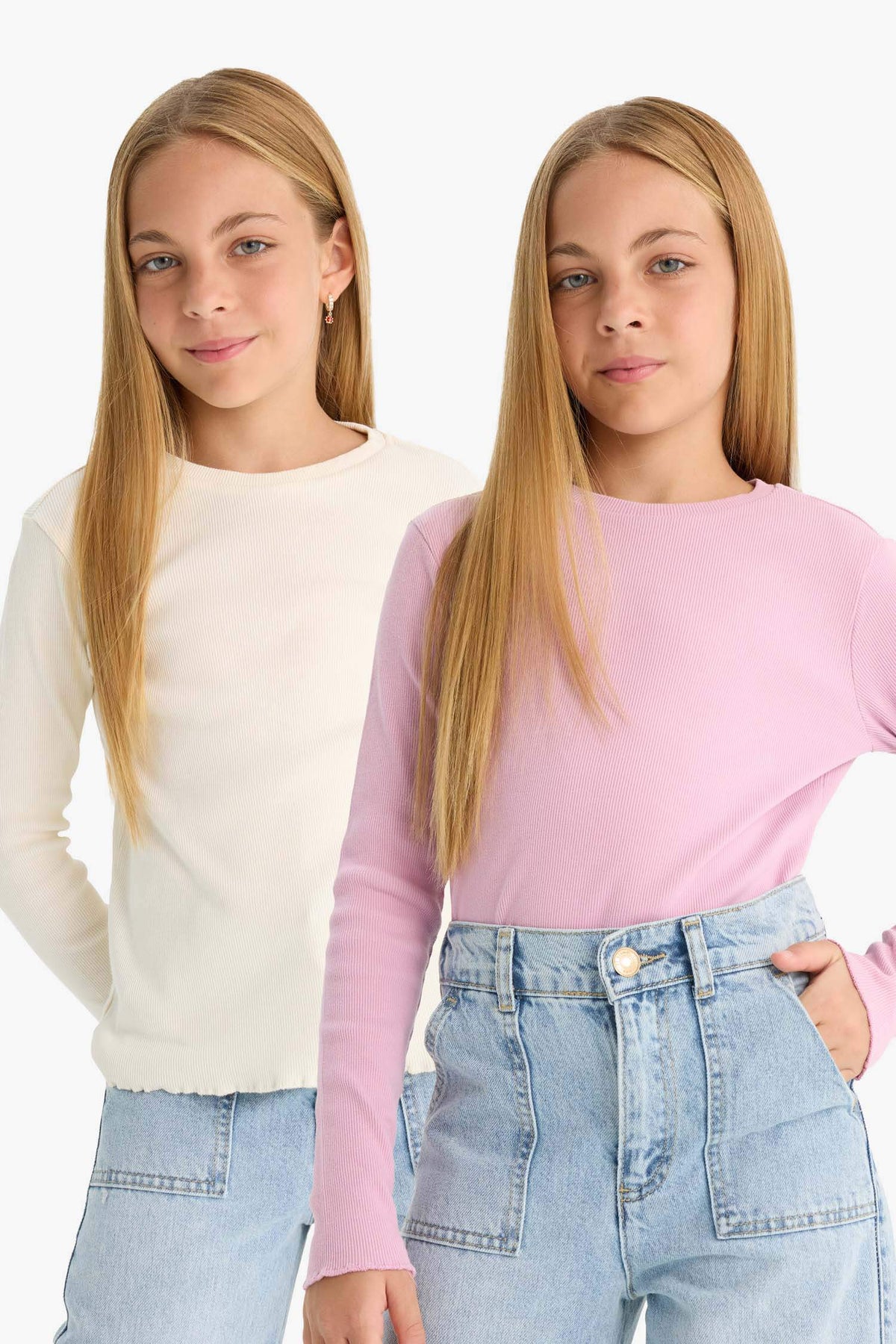 Girls Back to School Slim Fit Slim Cut Crew Neck Ribbed Camisole 2-Pack Long Sleeve T-Shirt