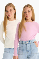 Girls Back to School Slim Fit Slim Cut Crew Neck Ribbed Camisole 2-Pack Long Sleeve T-Shirt