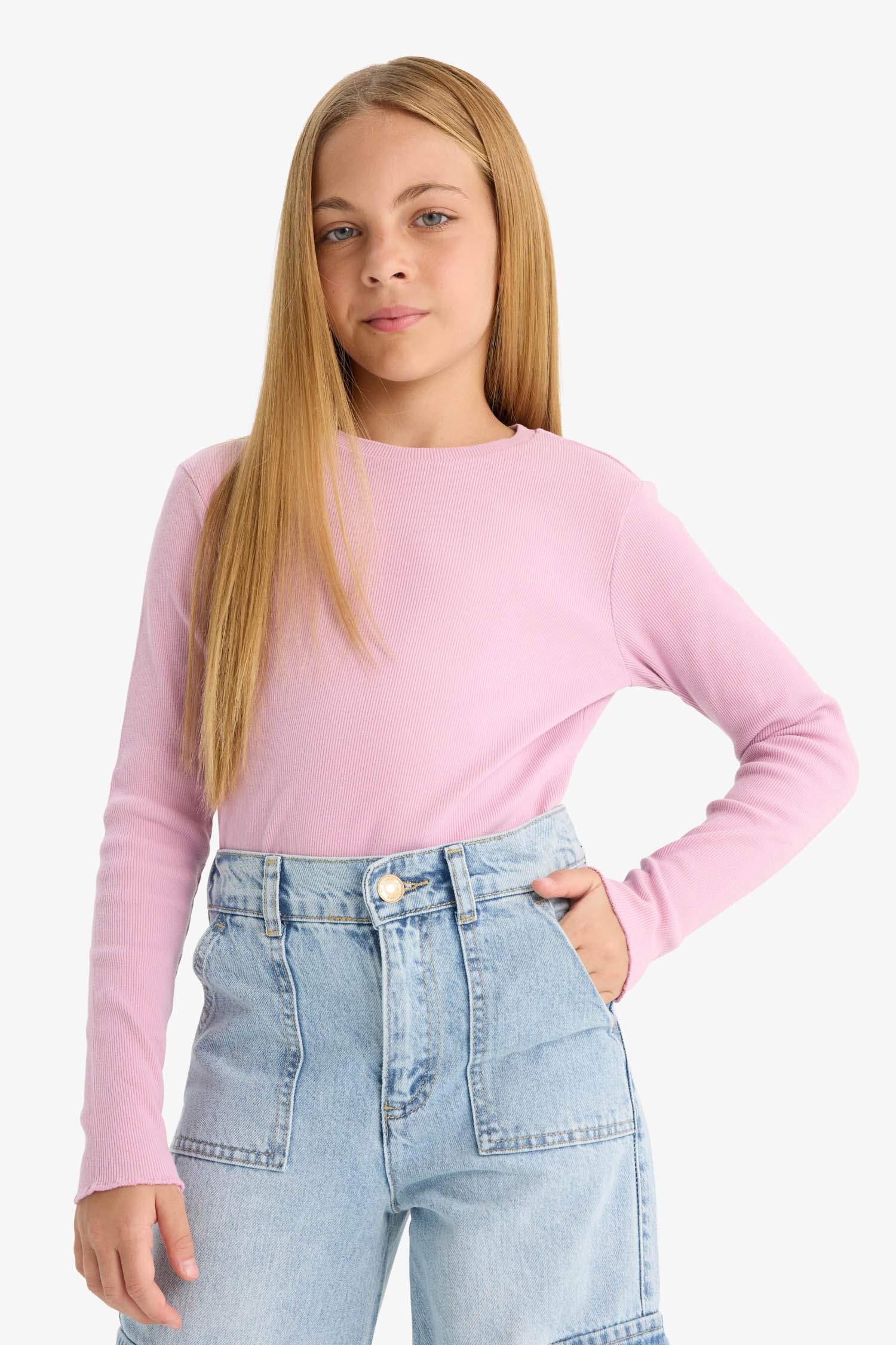 Girls Back to School Slim Fit Slim Cut Crew Neck Ribbed Camisole 2-Pack Long Sleeve T-Shirt