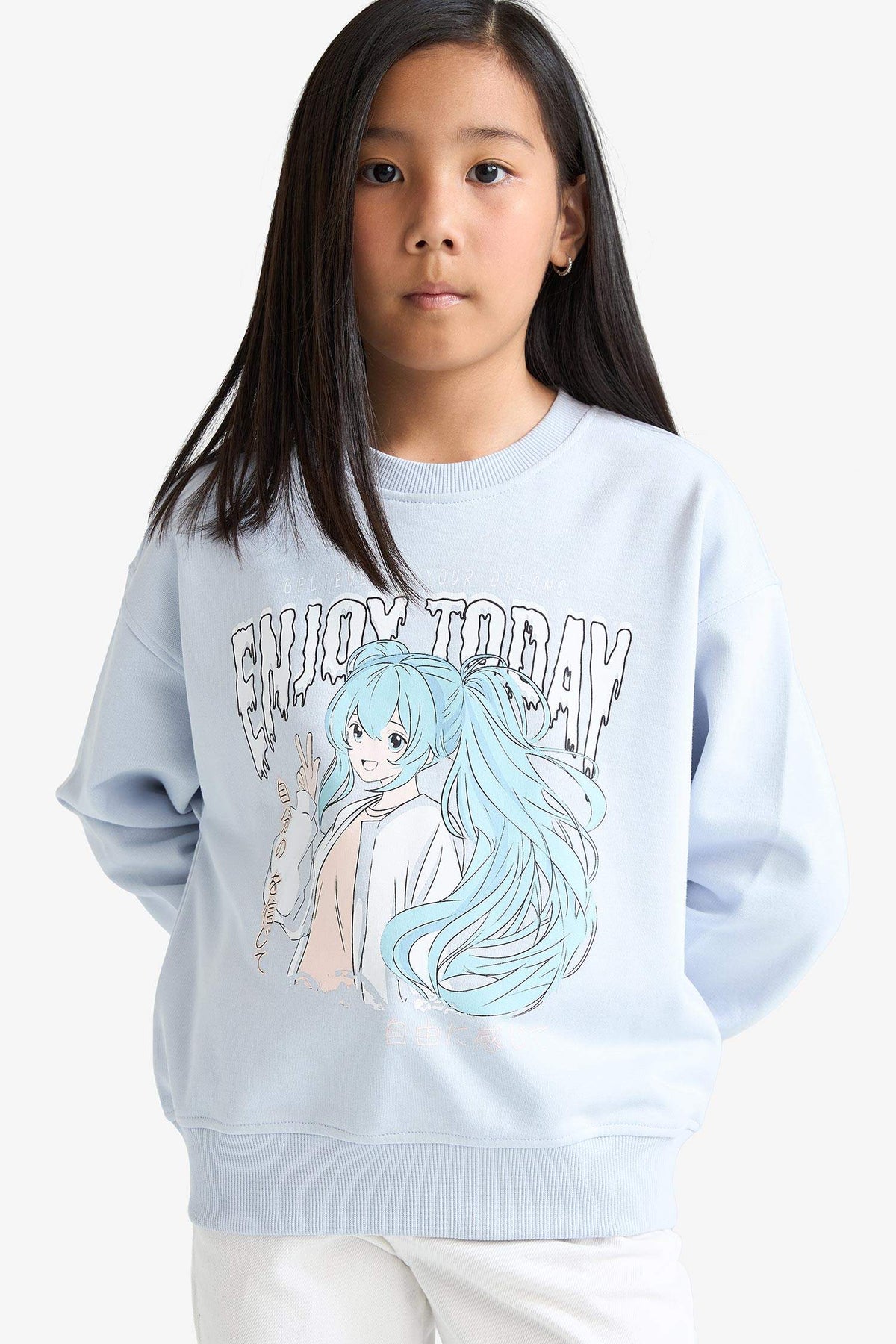 Girl's Relax Fit Crew Neck Anime Printed Sweatshirt